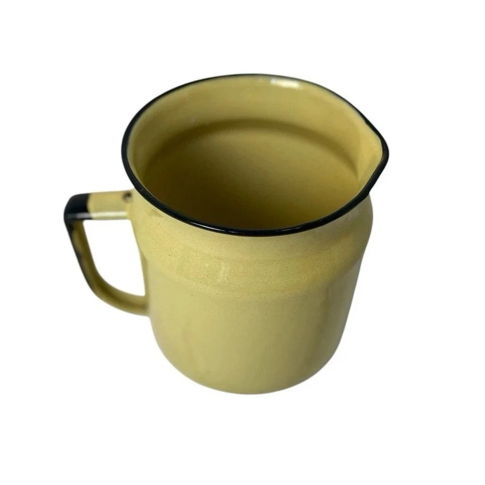 Vtg Enamelware Pitcher Yellow Black Trim Farmhouse Cottagecore Rustic